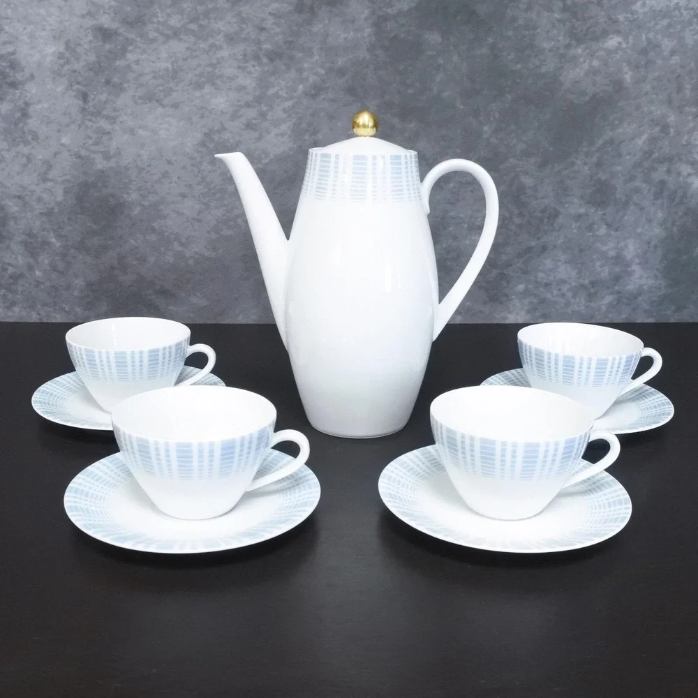 Vintage Seltmann Weiden Porcelain MCM White Blue Coffee Tea Pot Cup Saucer Set
